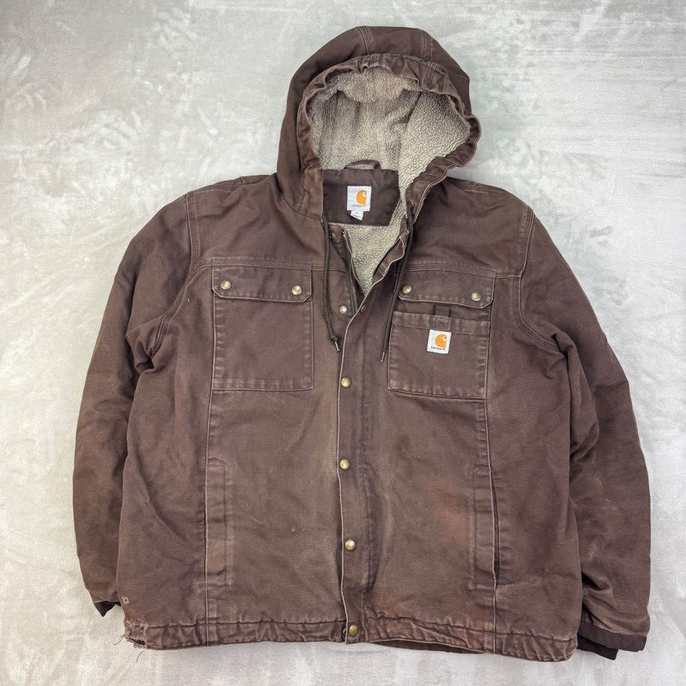 Carhartt 103826 DKB Sherpa Lined Hooded Jacket Mens XL Dark Brown Distressed